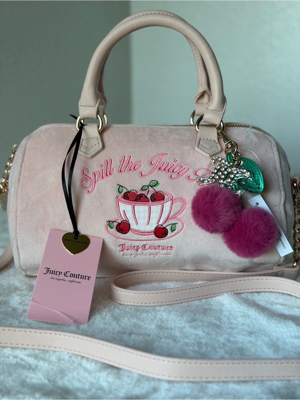 Juicy Couture Sweet Tea Party Satchel barrel bag purse pink clay spill the tea